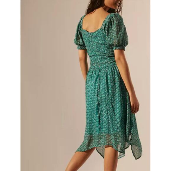 Anthropologie Floral Puff Sleeved Cut Out Midi Dress Handkerchief Green Size 8 - Picture 2 of 8